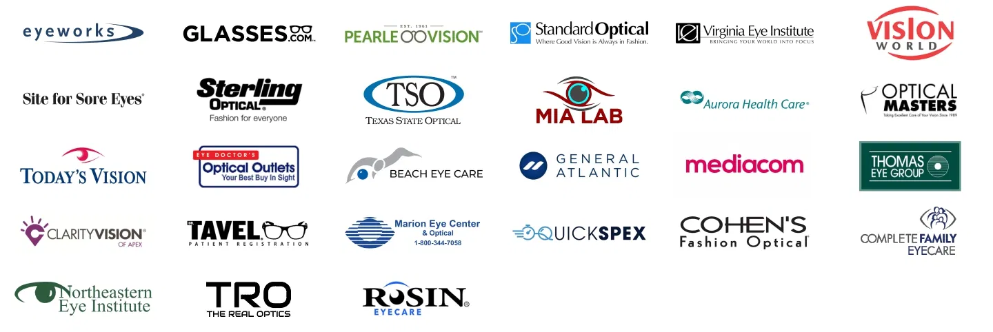 Logos of eyecare practices and optical retailers served by CNS Frame Displays.